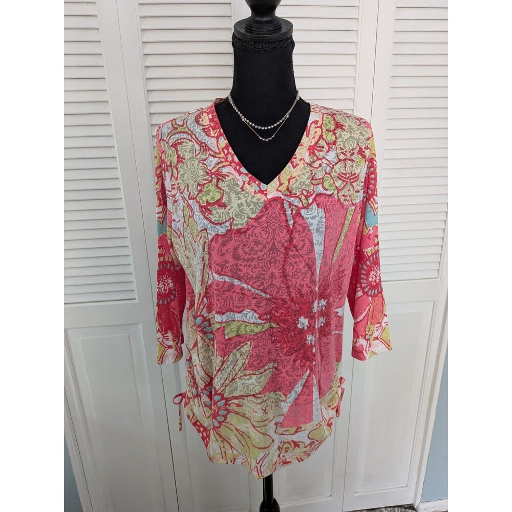 LULU-B Colorful Tunic Top Women's M Pink Floral Hawaiian Vacay Cinched Sides